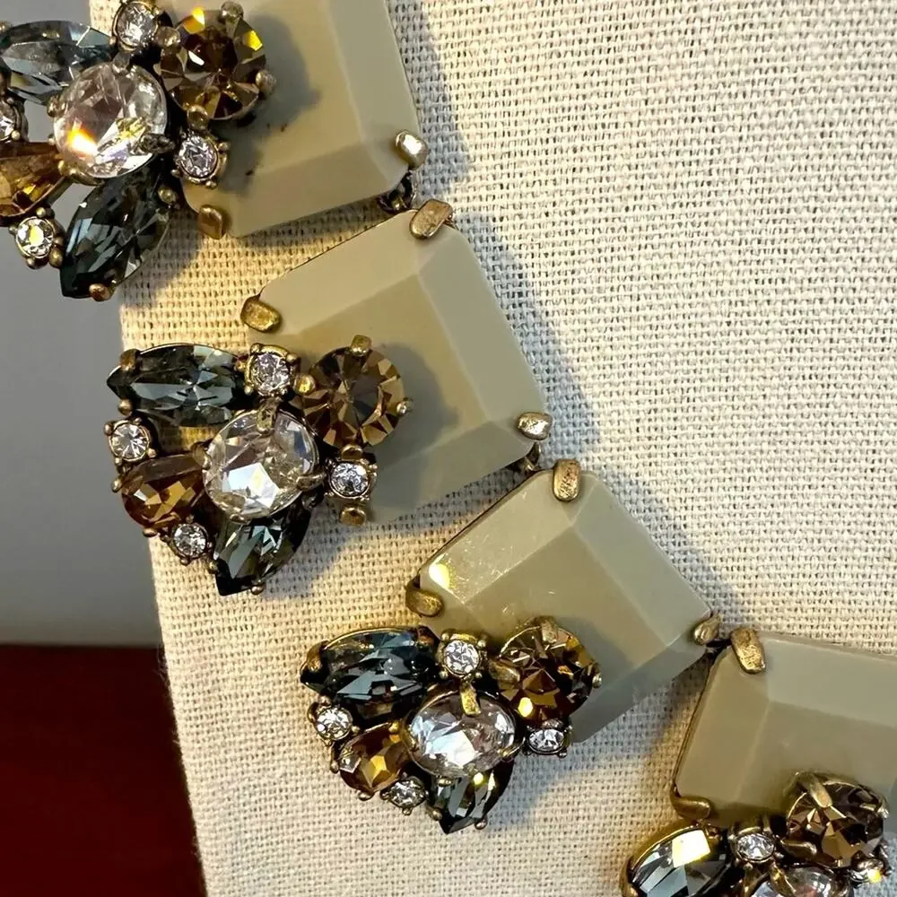 J Crew Necklace Statement Brass Square Stones Gray Neutral Earth tone CZ Chunky